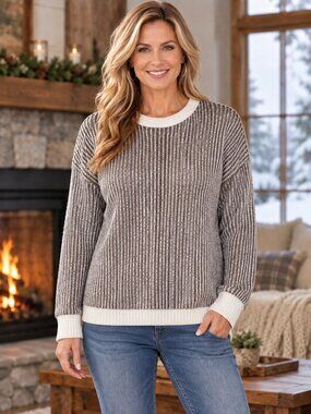 FASHION Sweater Scoop Neck 100% Chenille White & Brown Stripe XL